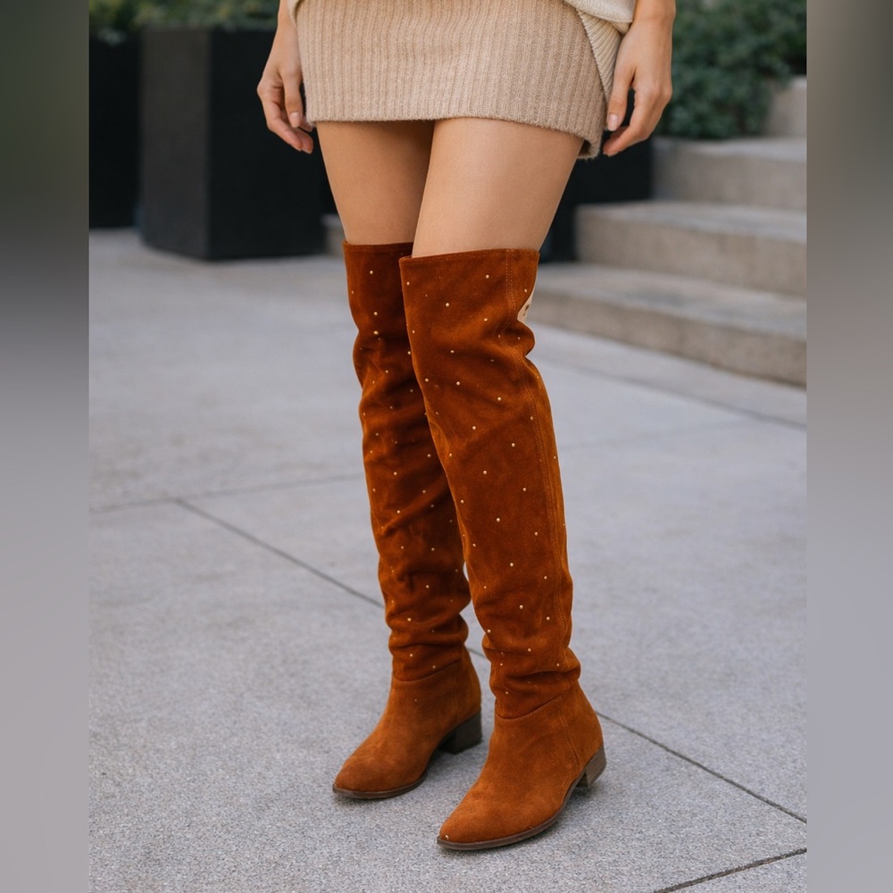 Free People rust/cognac suede over-the-knee boots gold stud festival western 38